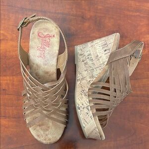 Jellypop Tan Wedge Shoes with Cork Sole and Intricate Strap Design